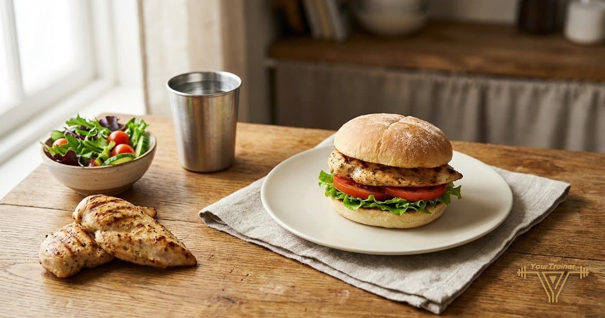 A grilled chicken burger on a cream plate with grilled chicken, a bowl of salad and a steel tumbler of water