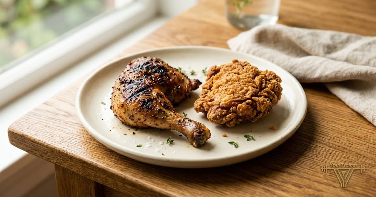 A grilled chicken leg next to a piece of fried chicken on one cream plate