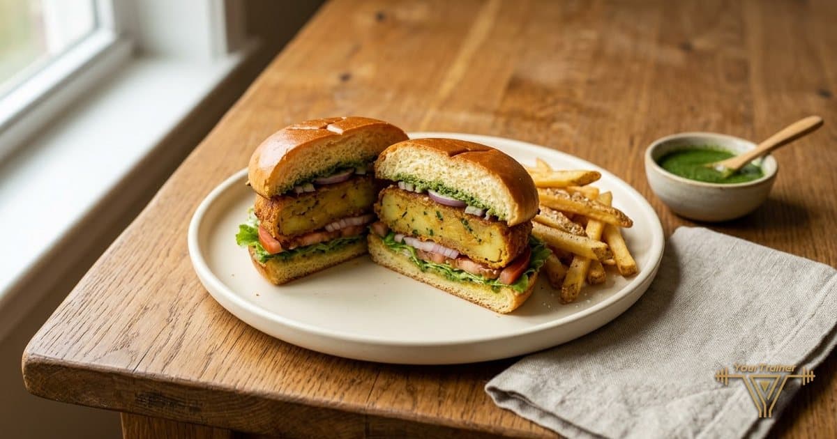 A potato patty burger cut in half on a cream plate with fries and a small bowl of green chutney