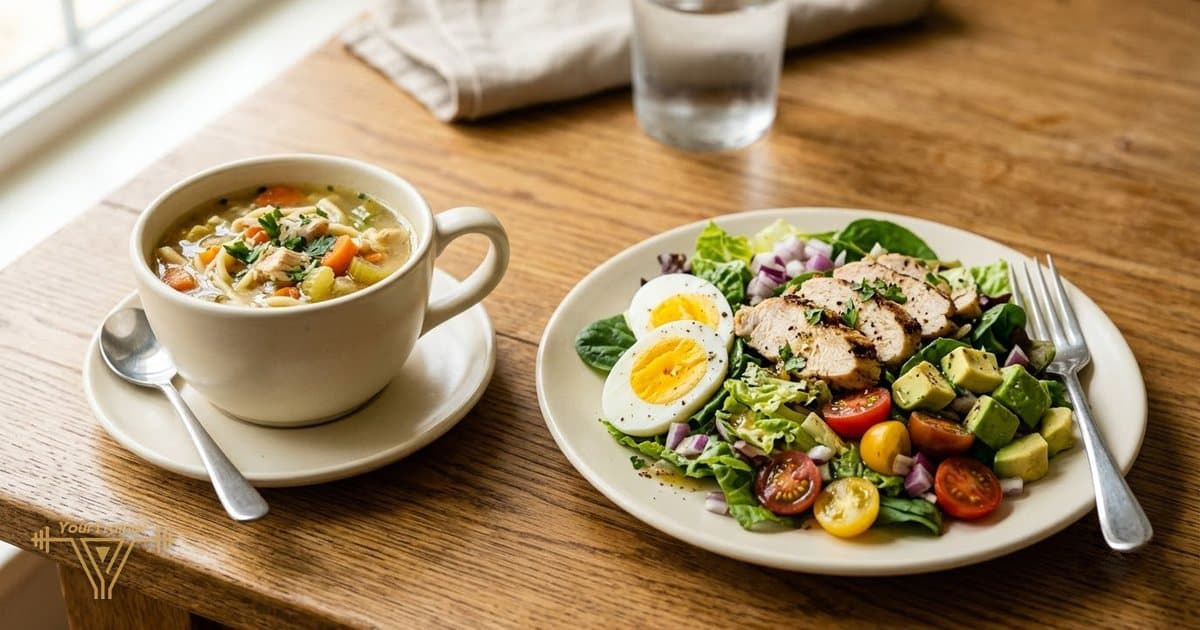 A cup of chicken noodle soup beside a chopped salad with grilled chicken, egg, avocado and tomatoes