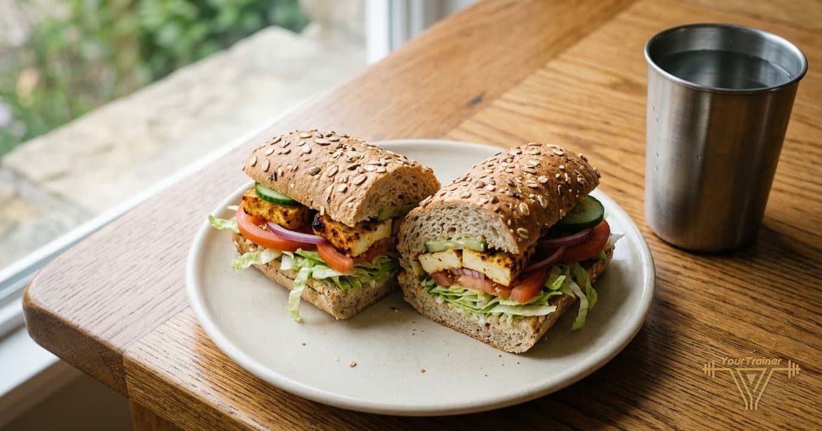 A paneer tikka sub cut in half on a cream plate, with a steel tumbler of water