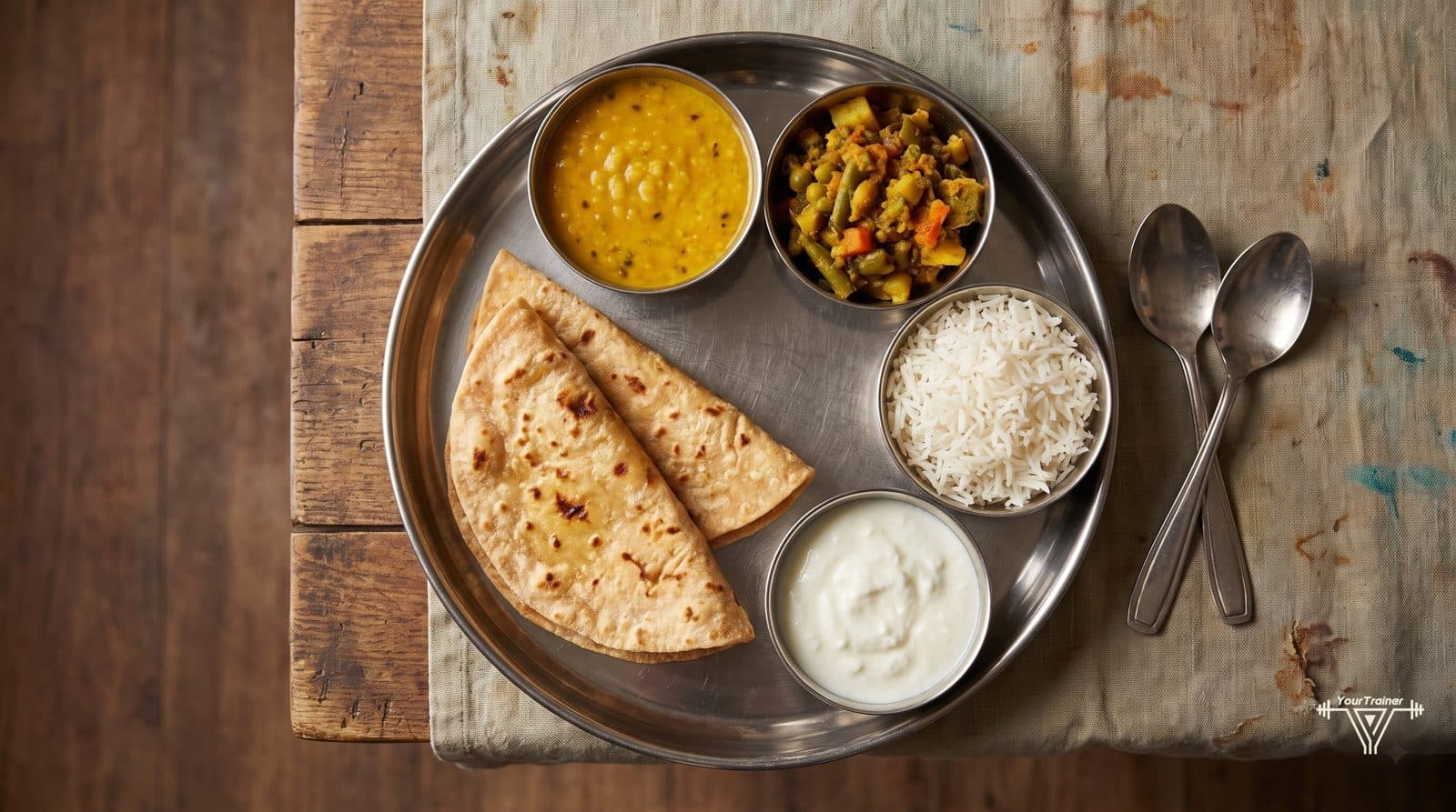 North Indian thali with roti, dal, sabzi, rice and curd laid out for calorie counting