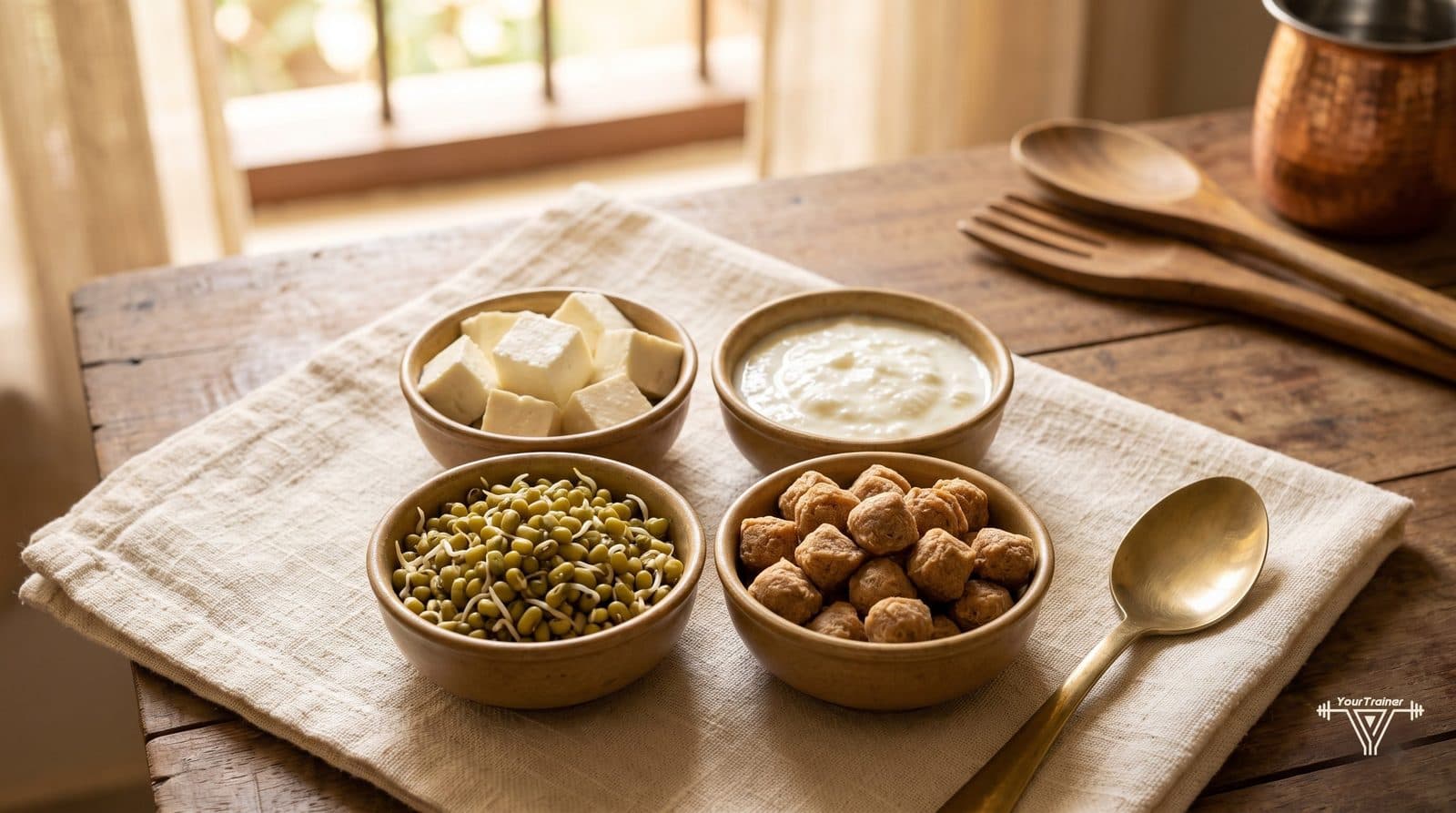 Bowls of paneer, curd, sprouts and soya chunks as protein additions to an Indian meal