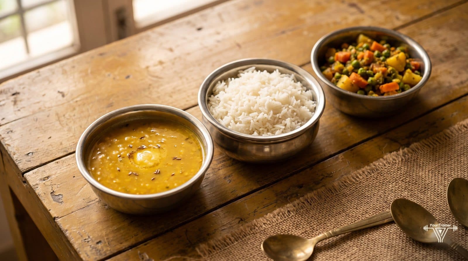 Steel katoris of different sizes filled with dal, rice and sabzi on an Indian thali