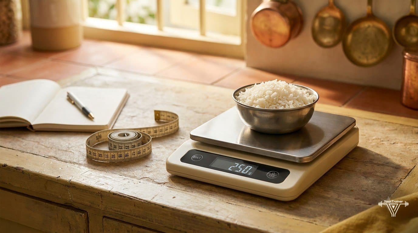 Kitchen scale weighing cooked rice next to a steel katori for portion calibration