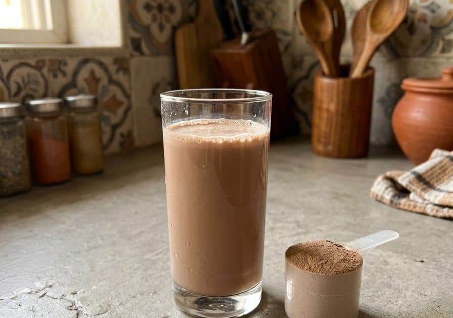 A glass of chocolate whey shake next to a scoop of protein powder on an Indian kitchen counter