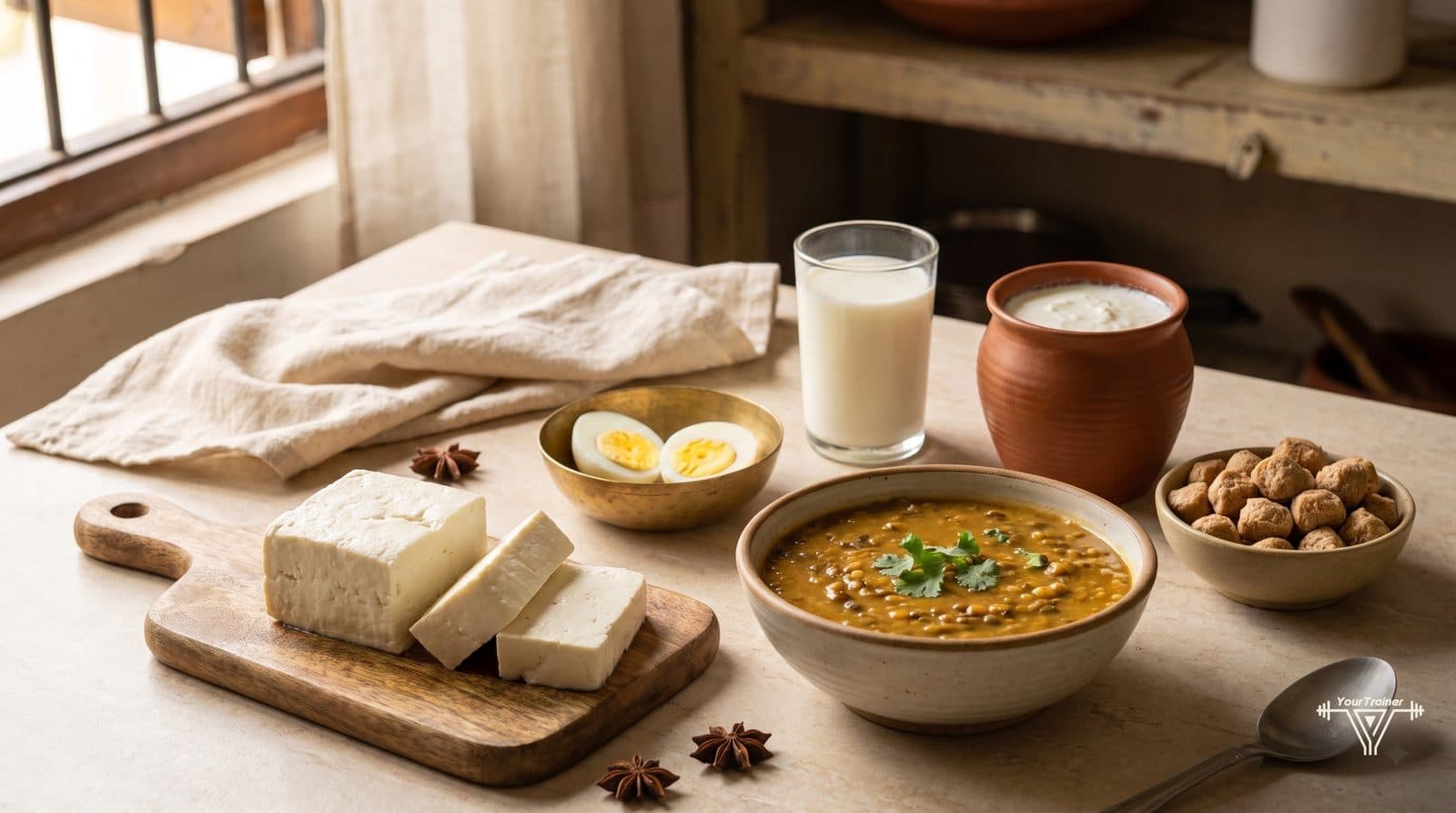 Bowls of paneer, dal, curd, soya chunks and eggs arranged to show protein sources