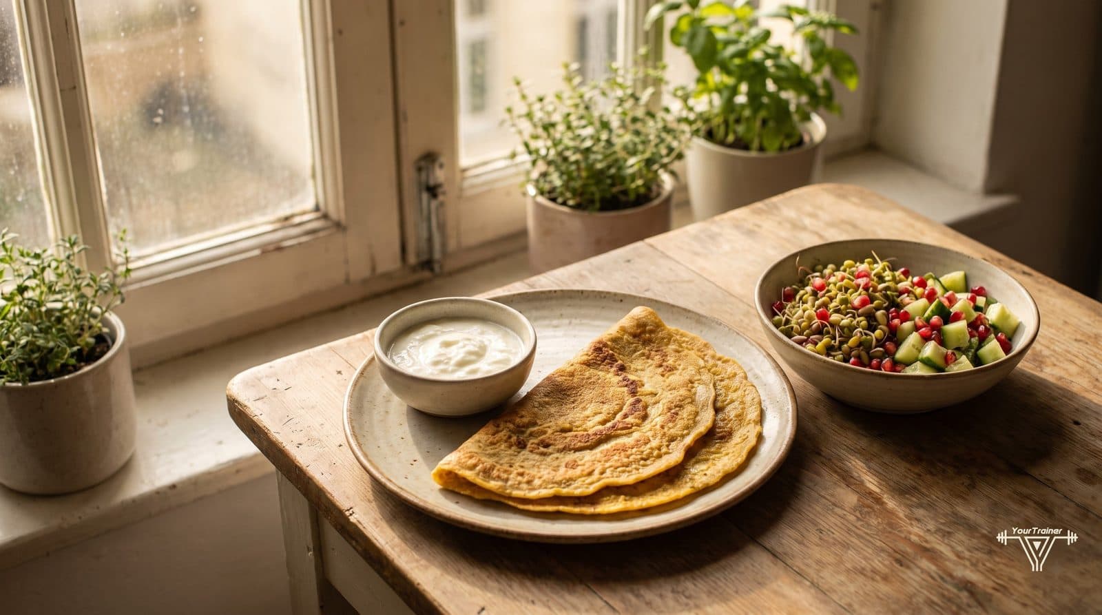 High protein Indian breakfast of moong dal chilla with curd and sprouts