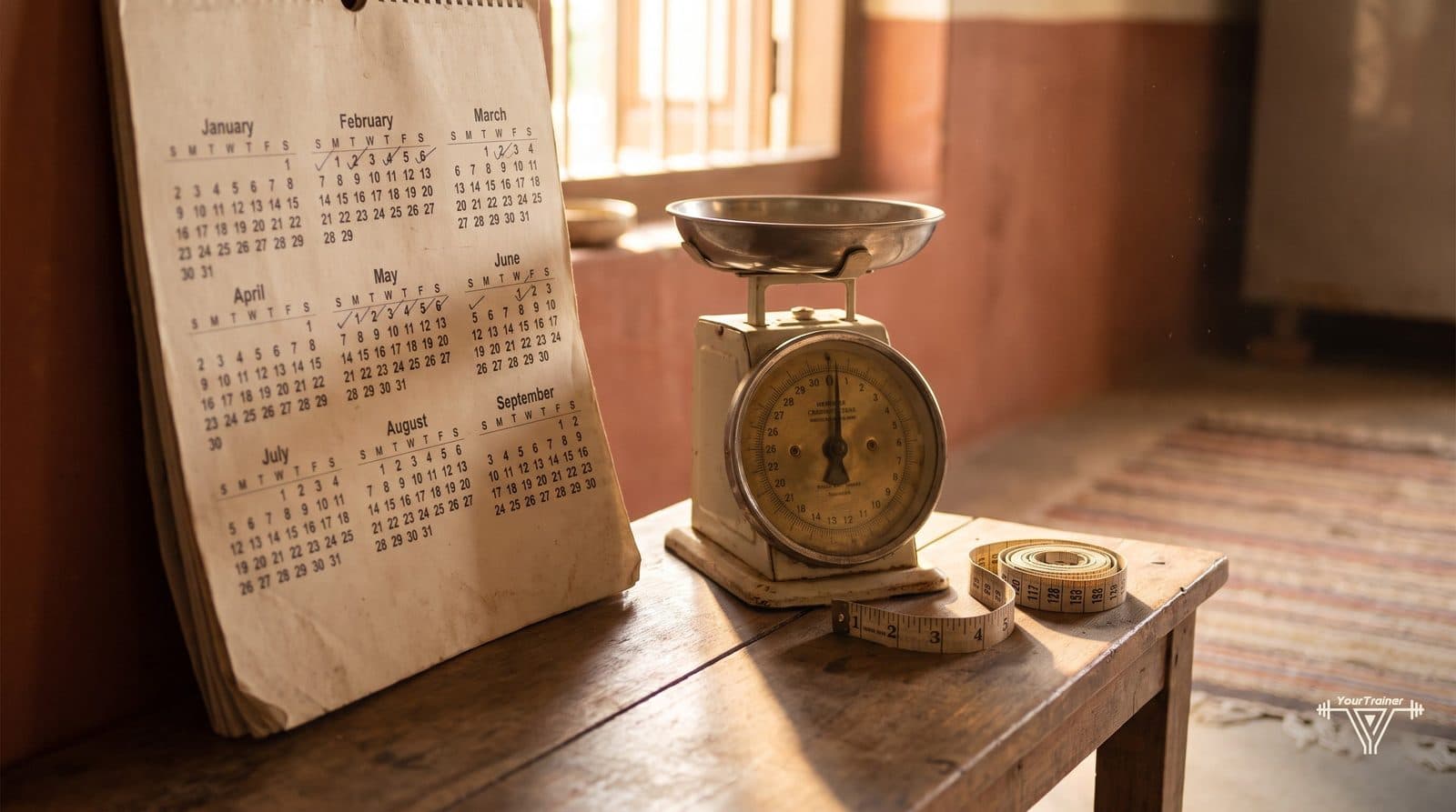 Calendar, weighing scale and measuring tape representing a realistic fat loss timeline