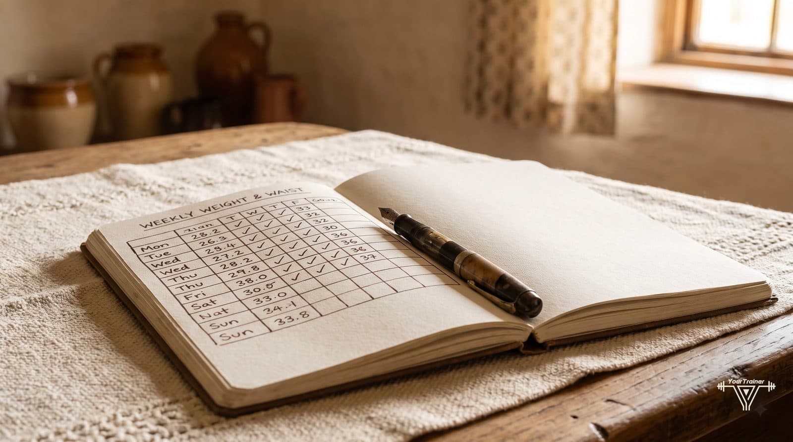 Progress notebook tracking weekly weight and waist measurements over several months