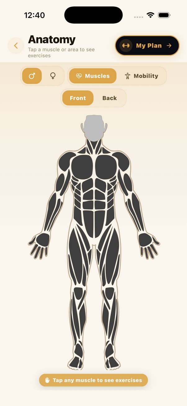 The interactive anatomy body map in YourTrainer Go, with male and female views and muscle and mobility modes