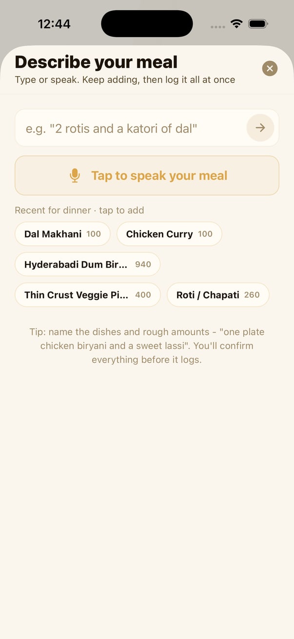 Describing a meal in plain language in the YourTrainer Go app, with dal makhani, biryani and roti as recent Indian foods