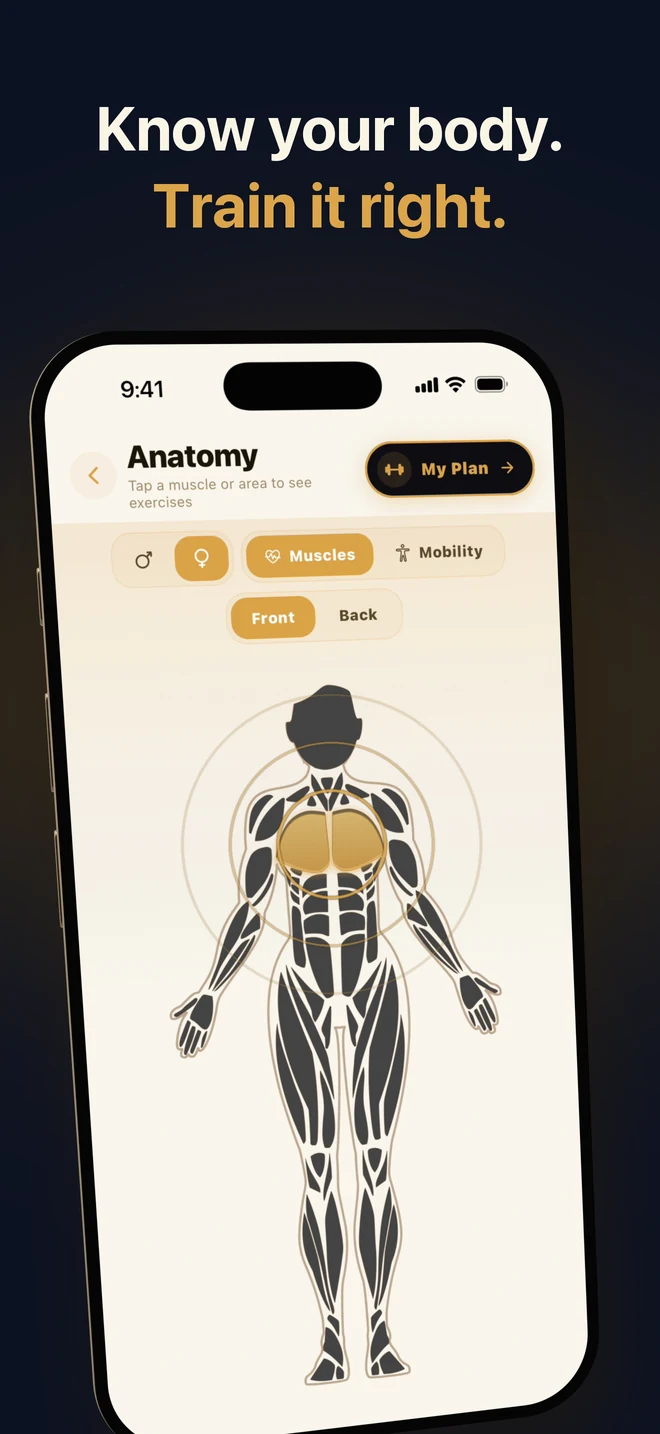 The interactive anatomy body map in YourTrainer Go, captioned 'Know your body. Train it right.'