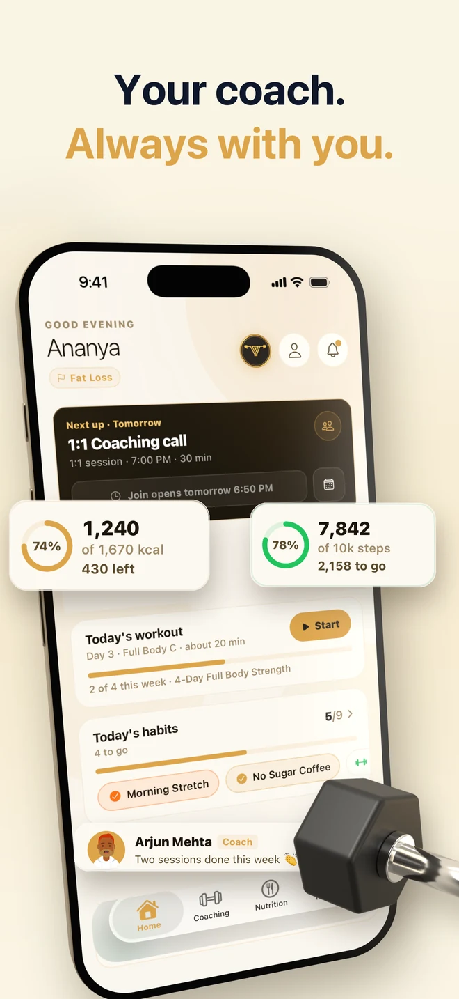 YourTrainer Go home screen: today's workout, calorie ring, steps and coaching call, captioned 'Your coach. Always with you.'