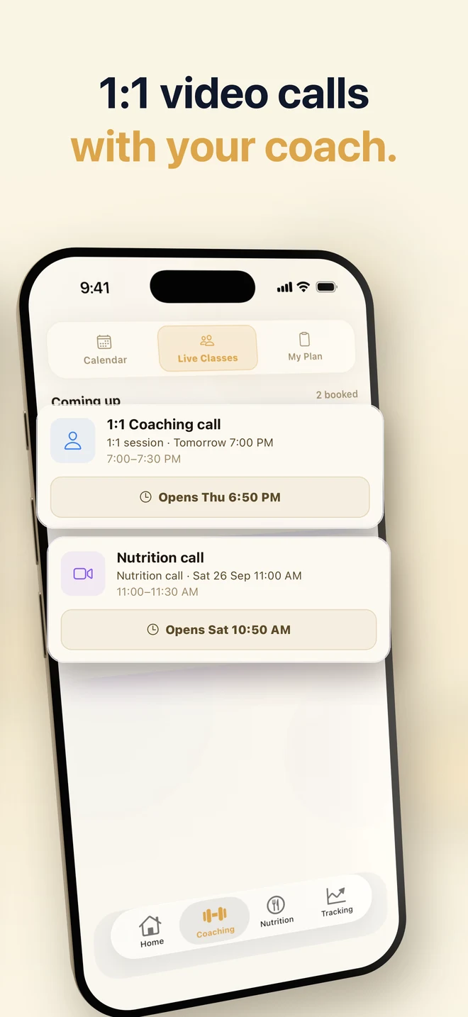 Upcoming 1:1 coaching and nutrition video calls in YourTrainer Go, captioned '1:1 video calls with your coach.'