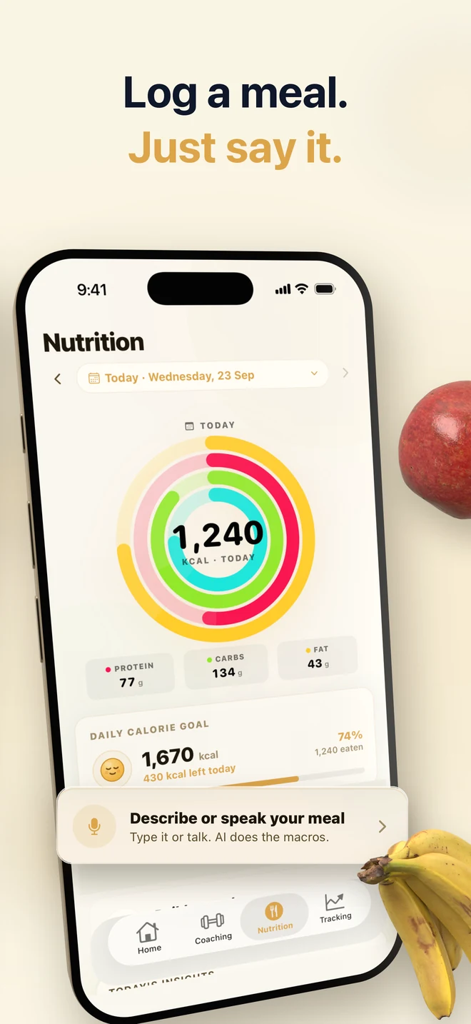 Logging a meal by voice in YourTrainer Go with the daily macro rings, captioned 'Log a meal. Just say it.'