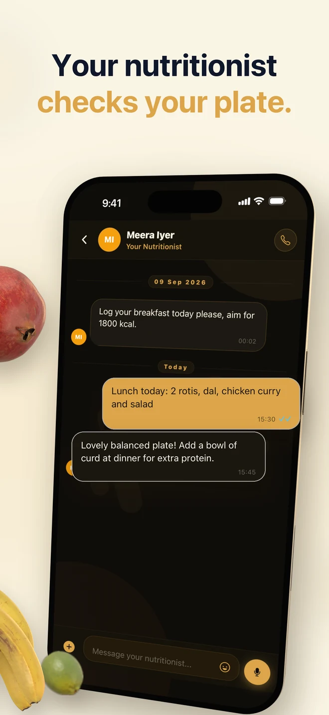 A chat with a YourTrainer nutritionist reviewing a logged plate, captioned 'Your nutritionist checks your plate.'