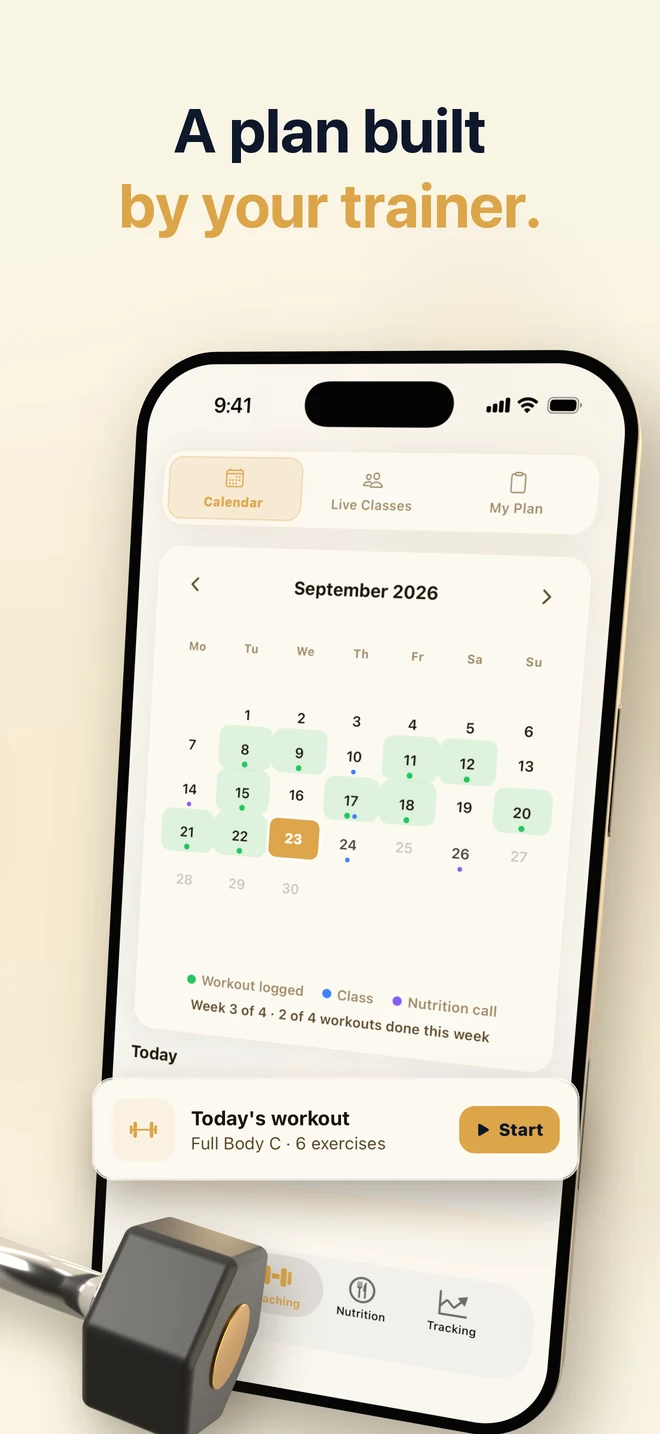 The coaching calendar in YourTrainer Go showing a month of logged workouts and classes, captioned 'A plan built by your trainer.'
