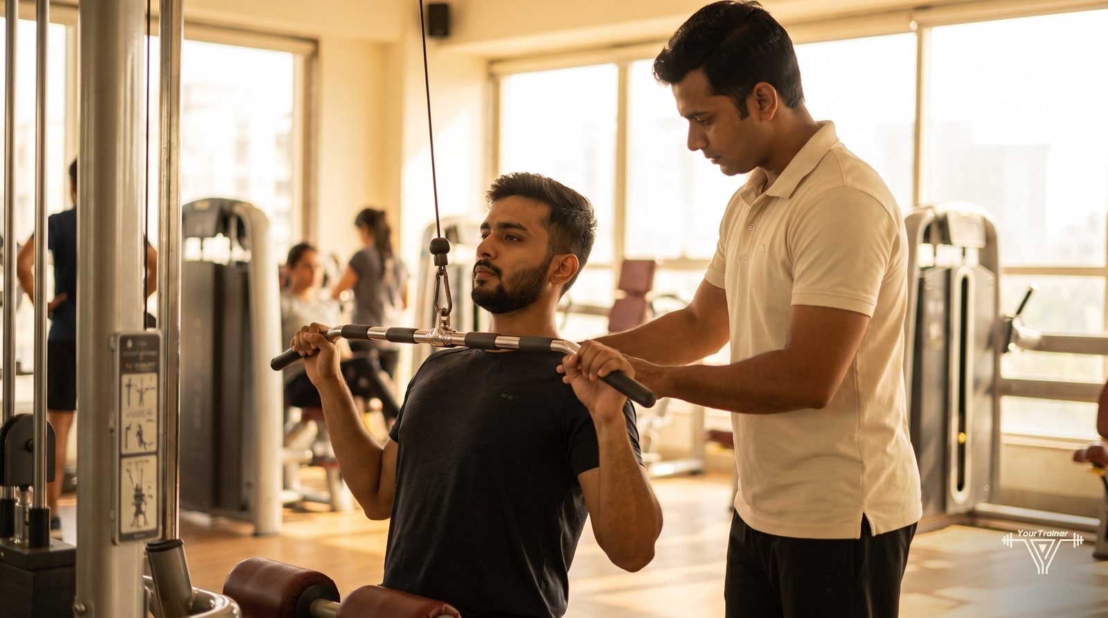 Beginner using a chest press machine in an Indian gym with a trainer observing form