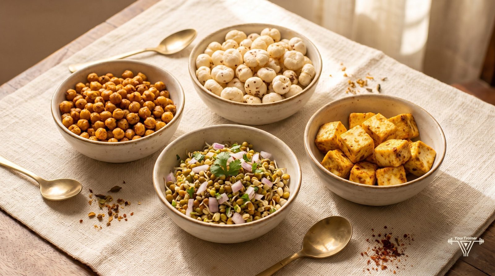 Bowls of roasted chana, makhana, sprouts chaat and paneer tikka arranged as evening snacks