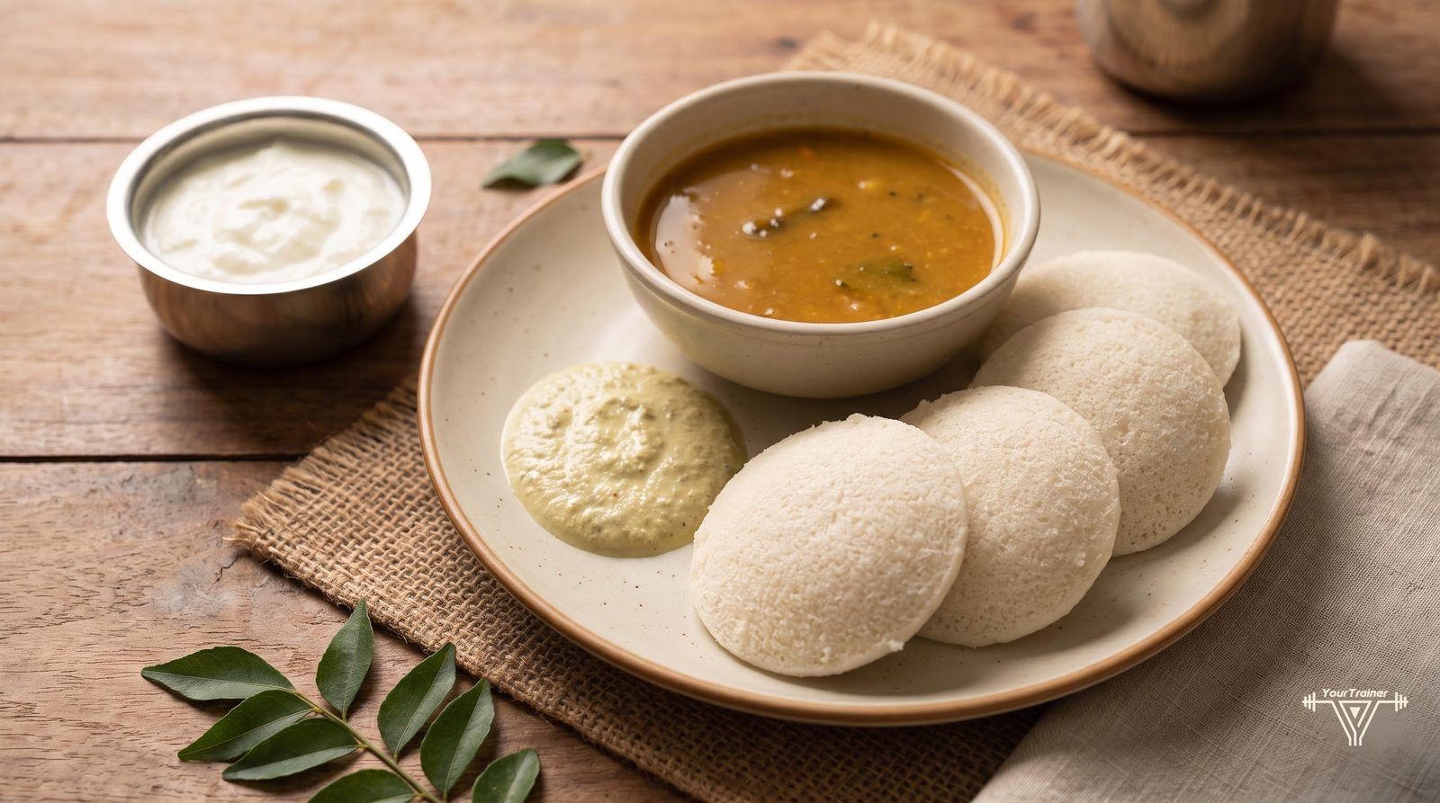 Plate of idli with sambar, peanut chutney and a bowl of curd