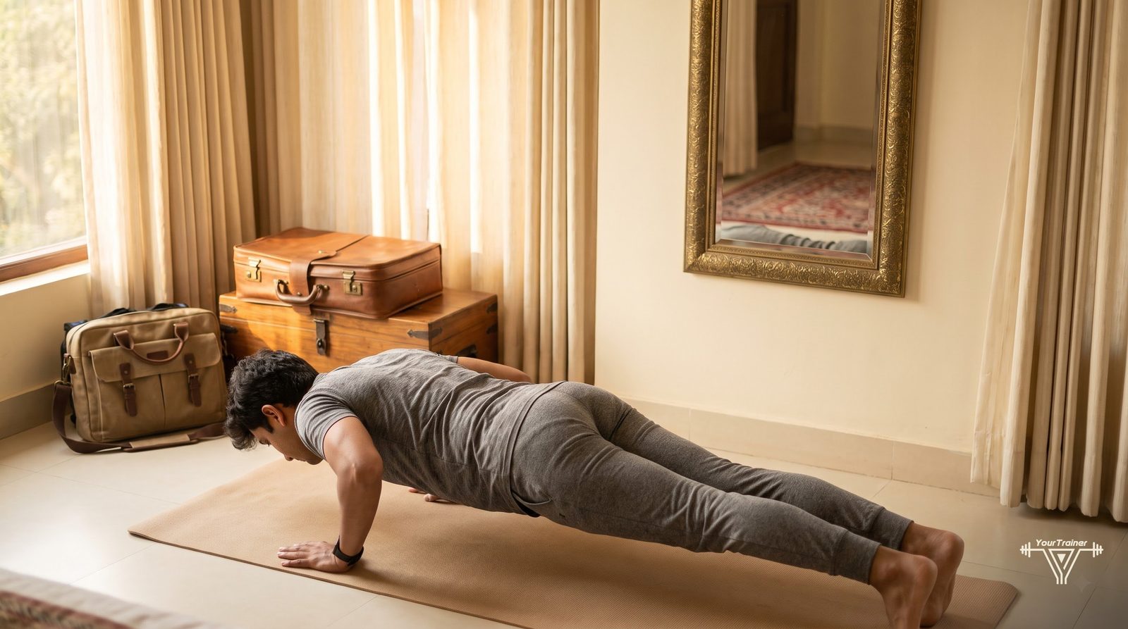 Hotel room set up for a bodyweight workout with a mat beside a bed and desk