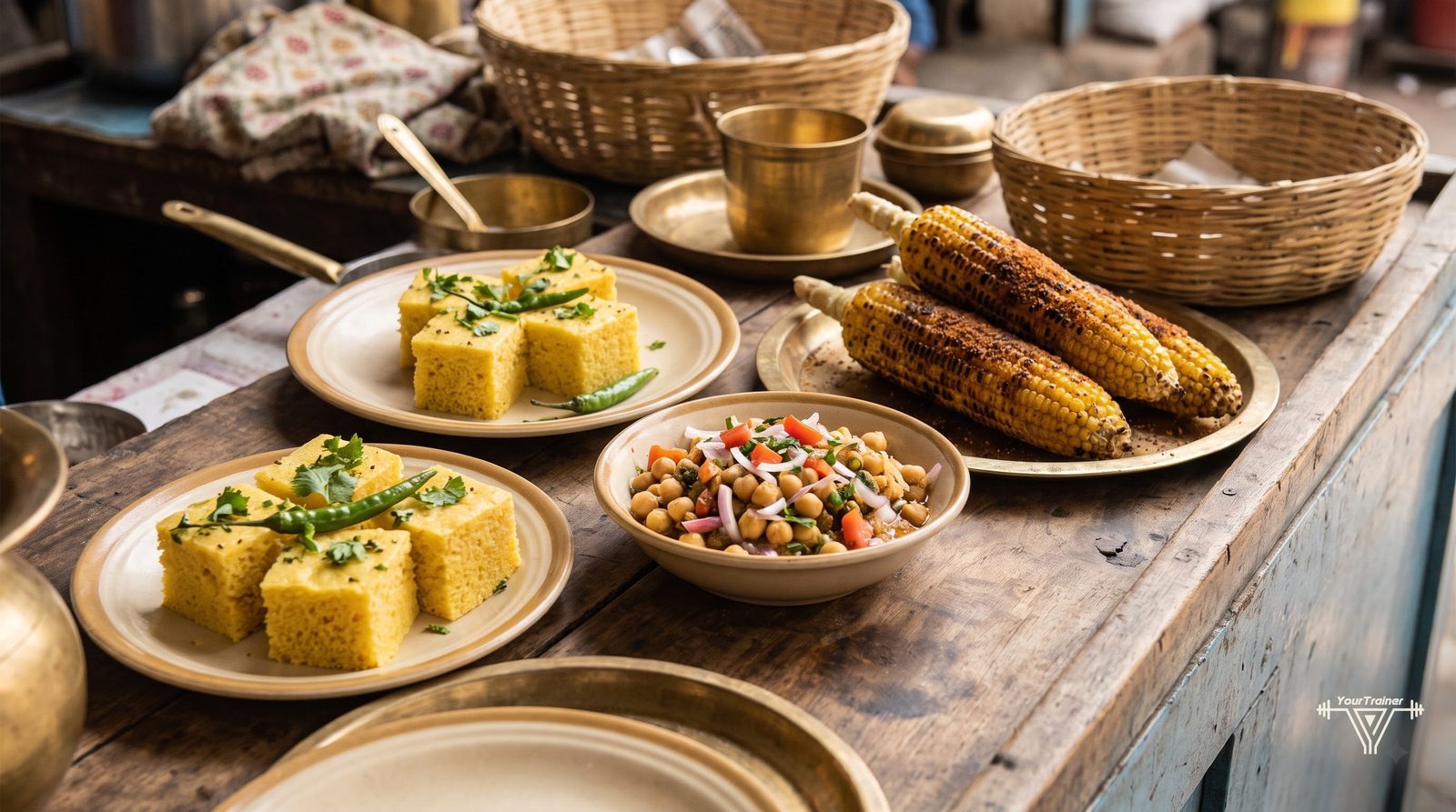 Indian street food plates including bhel puri, dhokla and chana chaat on a market stall