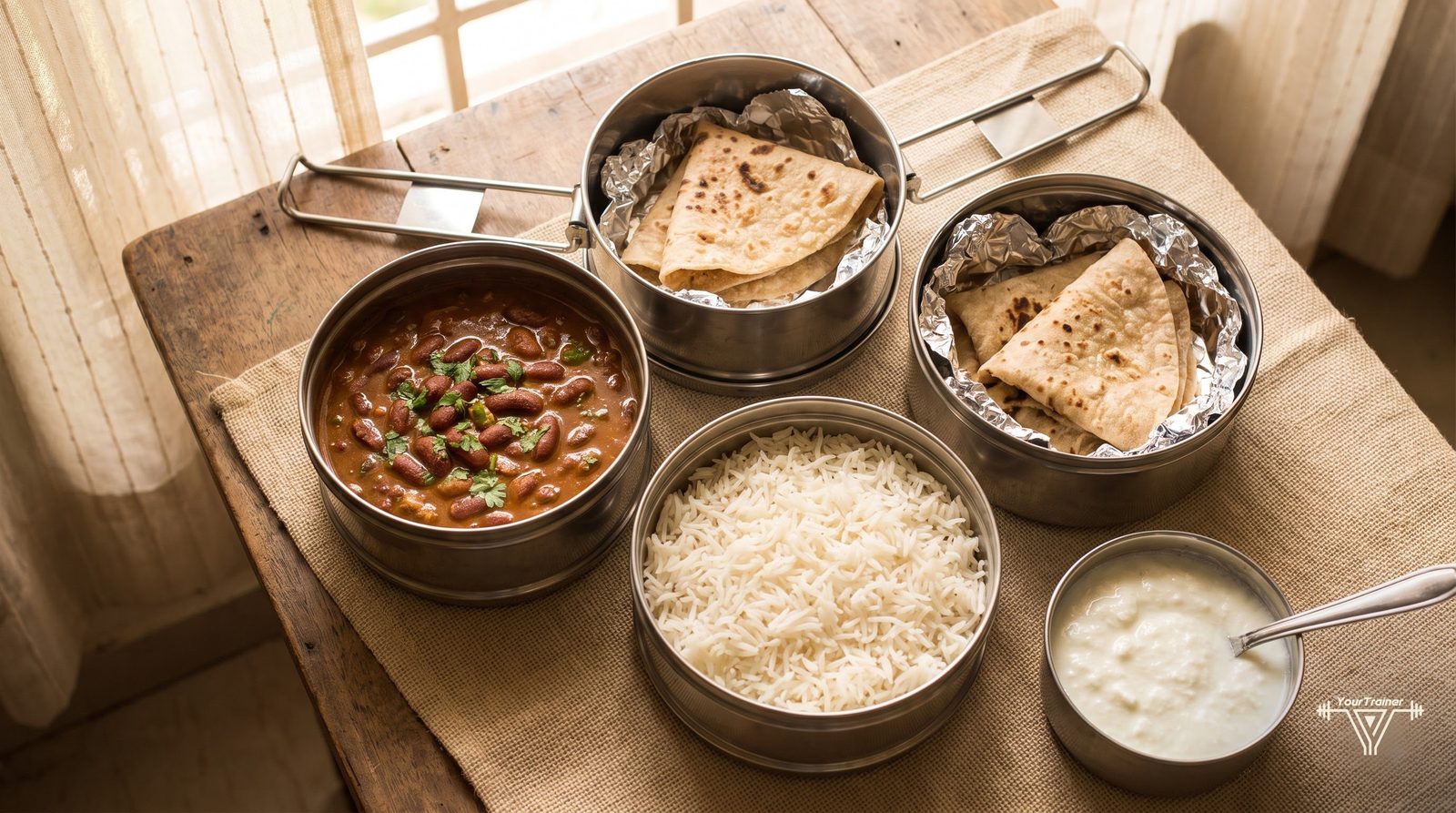 Steel tiffin boxes packed with rajma, rice, roti and a small container of curd