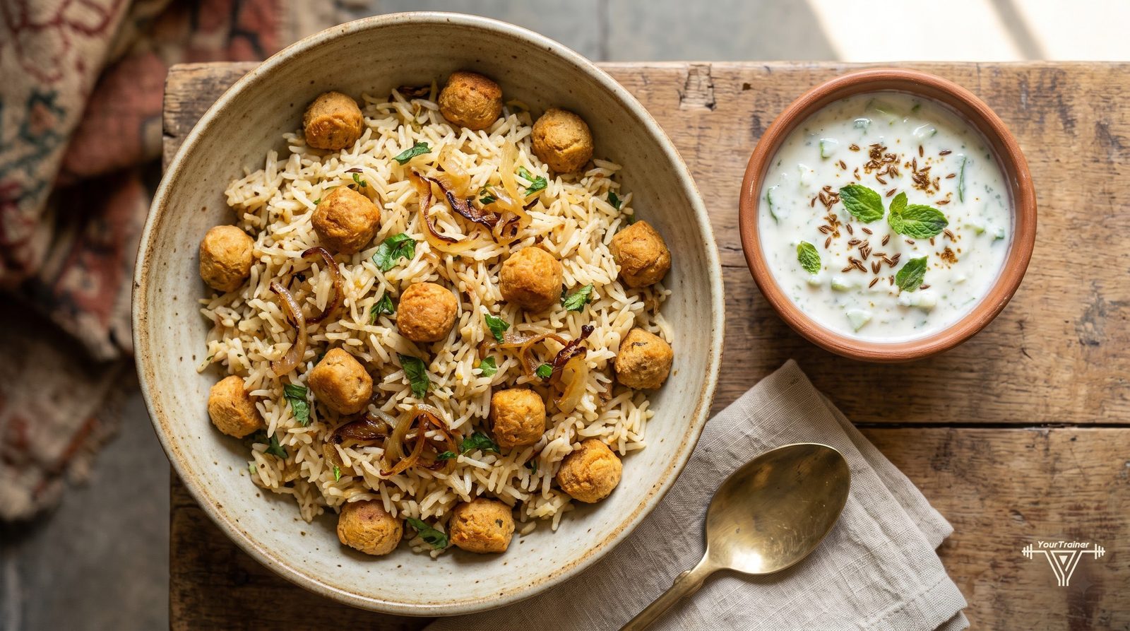 Bowl of moong dal khichdi topped with paneer cubes next to a pressure cooker