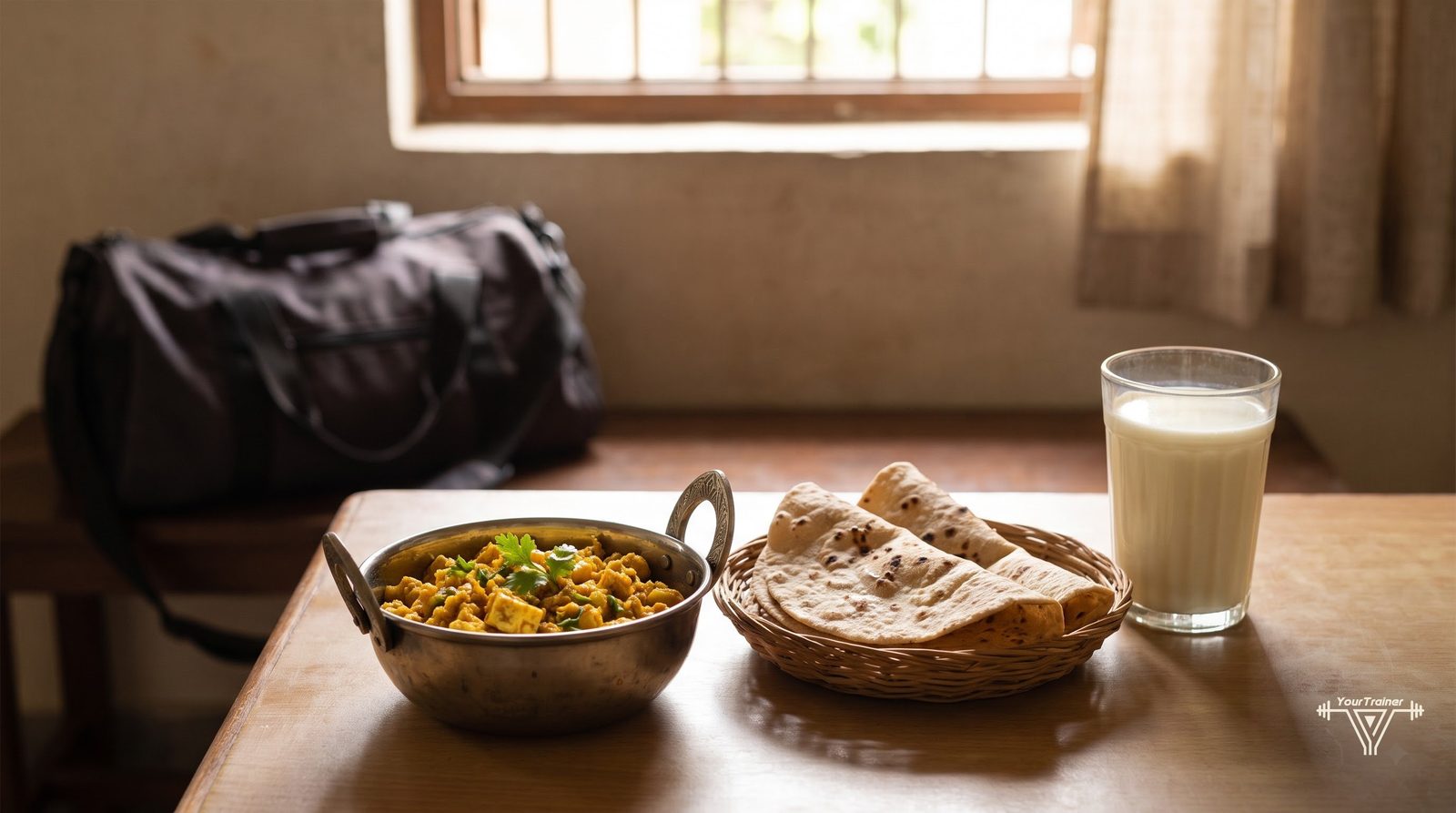 Paneer bhurji with roti and a glass of milk laid out as a post workout meal