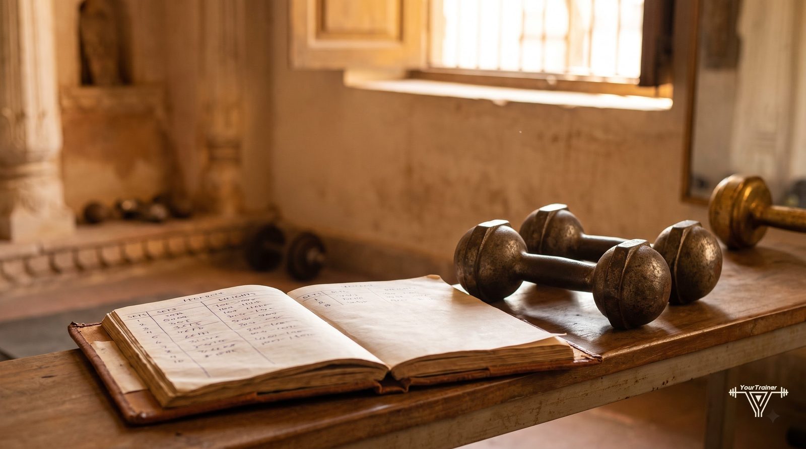 Training notebook with logged sets and weights next to dumbbells in a gym