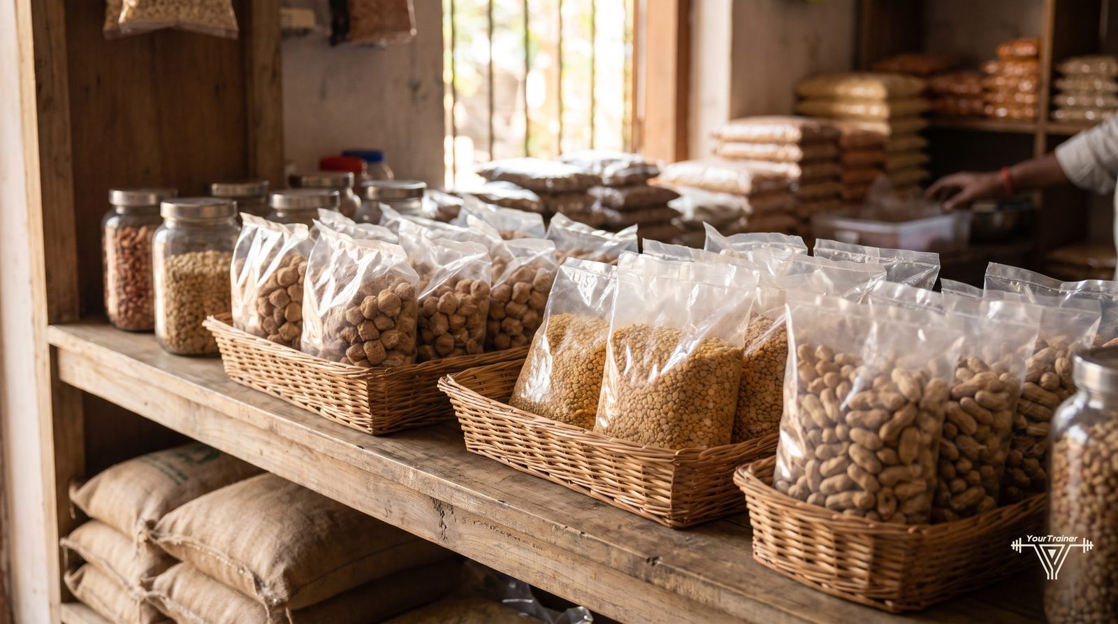 Soya chunks, eggs, dal, milk and peanuts arranged with a weighing scale to compare protein cost