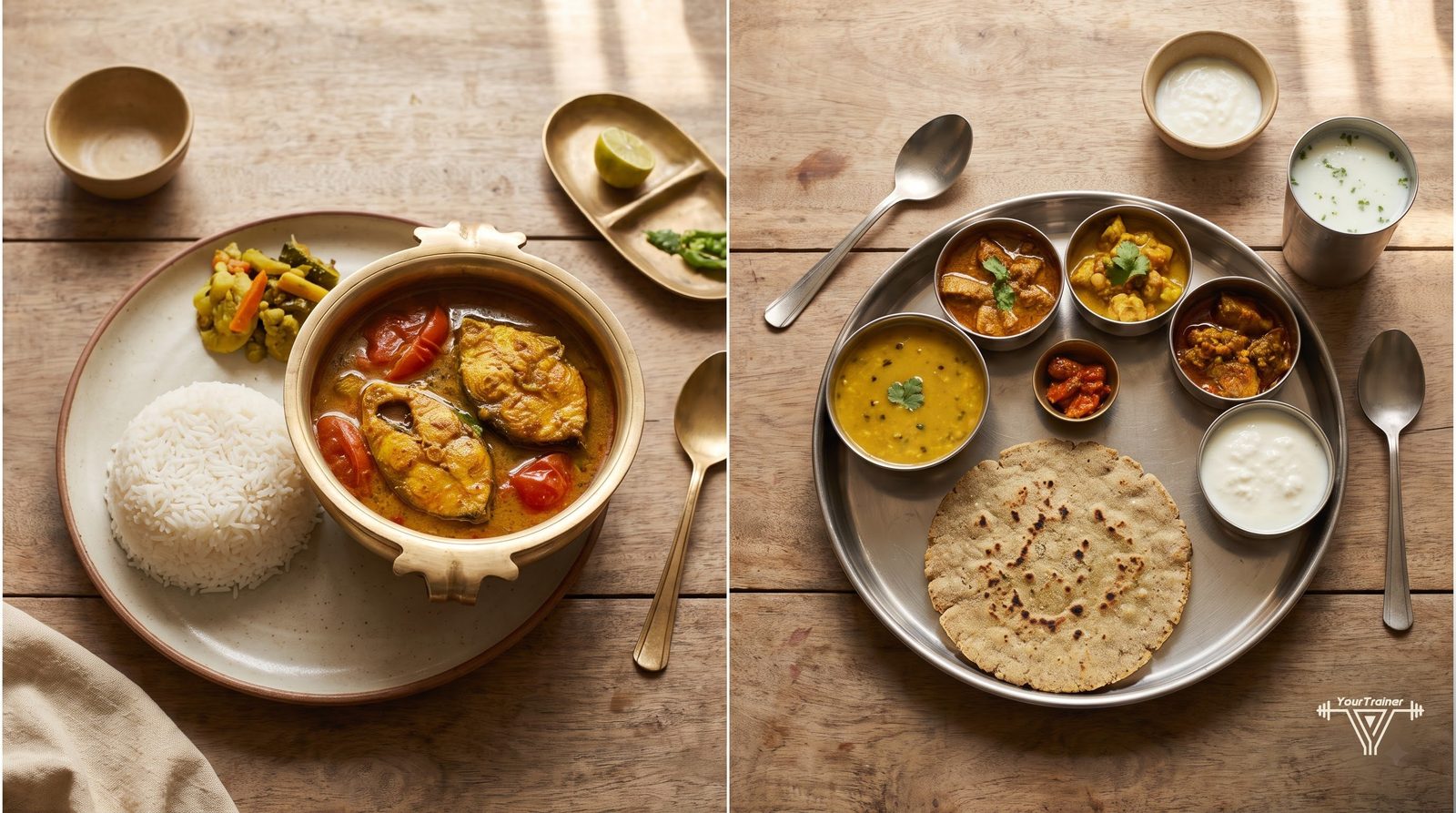 Four regional Indian thalis side by side showing South Indian, Punjabi, Bengali and Gujarati meals