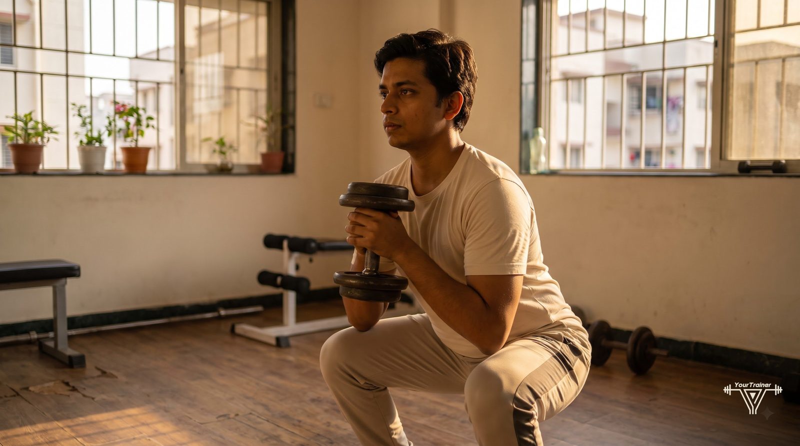 Small apartment society gym with dumbbell rack, bench and treadmill