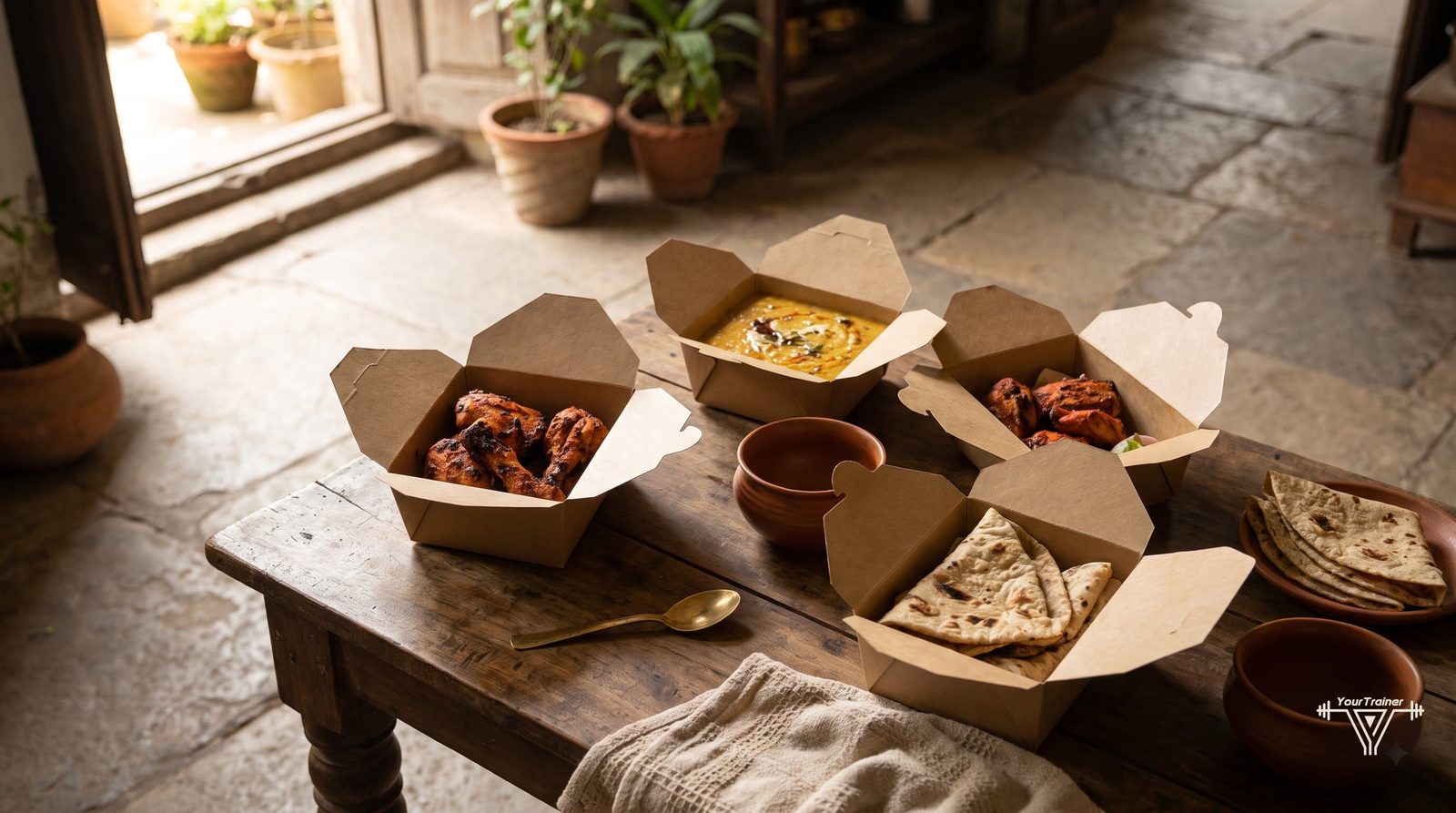 Indian takeaway containers with tandoori chicken, dal and roti laid out on a table