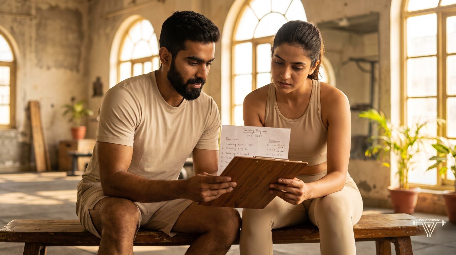Personal trainer correcting a client's squat form one on one in an Indian gym