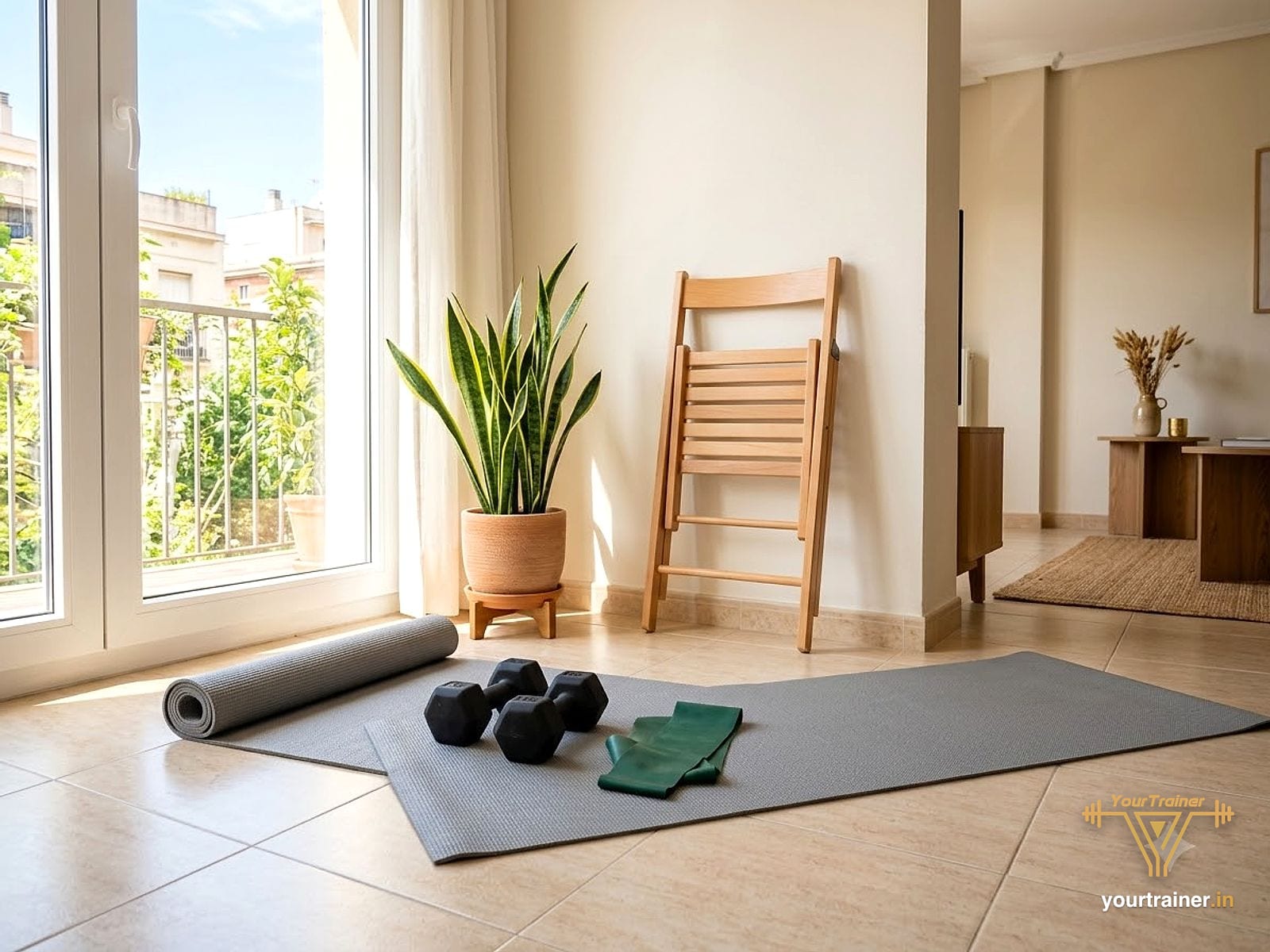 Minimal home workout corner with light dumbbells, a yoga mat and a folding chair
