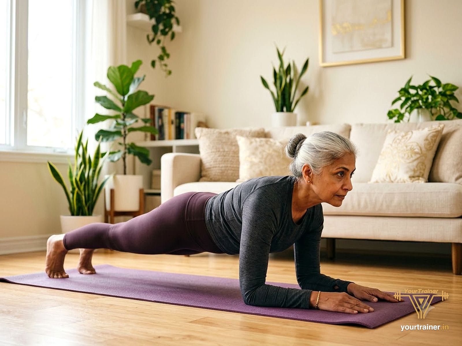 Indian woman in her late fifties holding an elbow plank in a bright living room