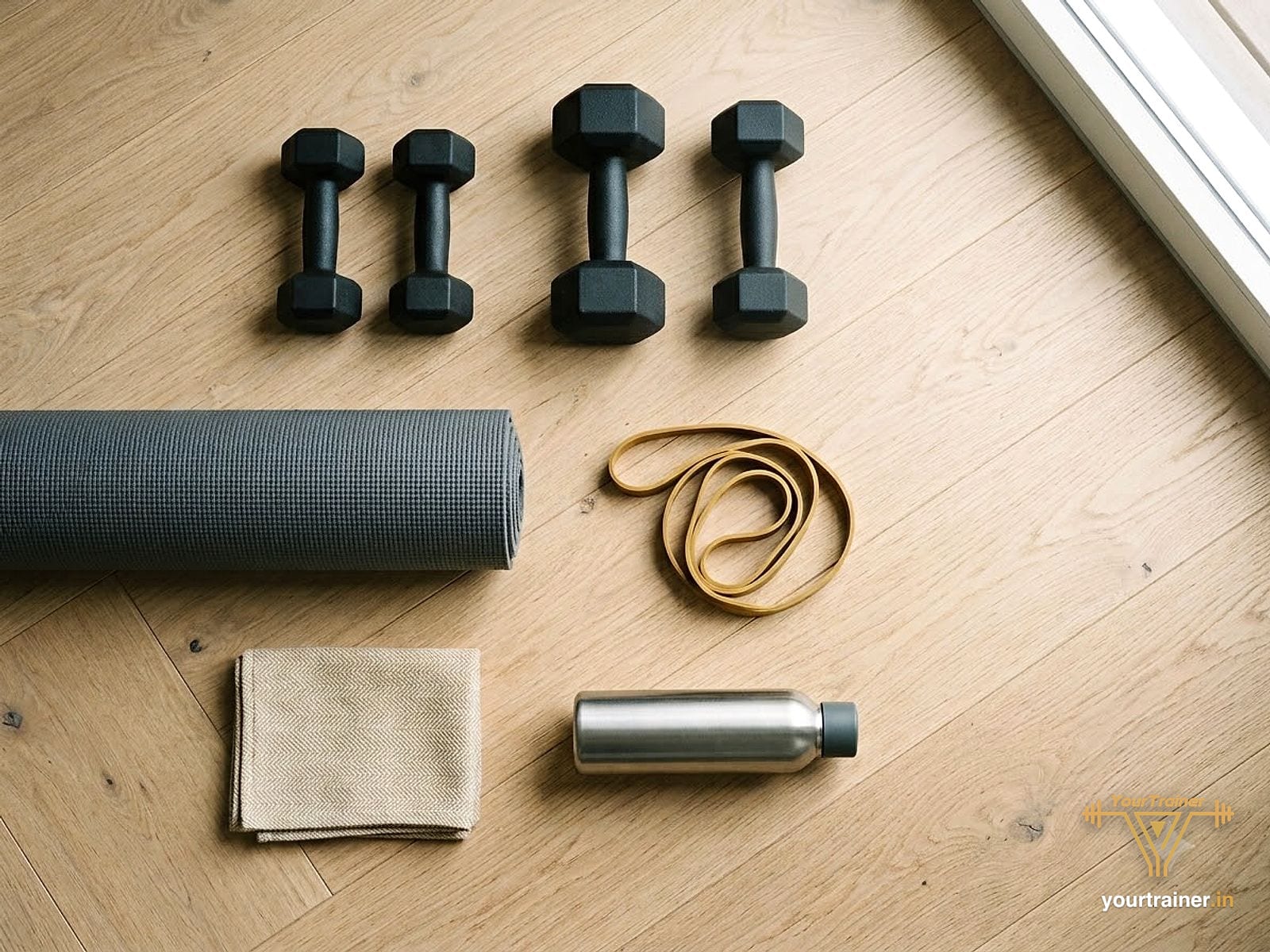 Flat lay of light hex dumbbells, a yoga mat, a resistance band and a water bottle on a wooden floor