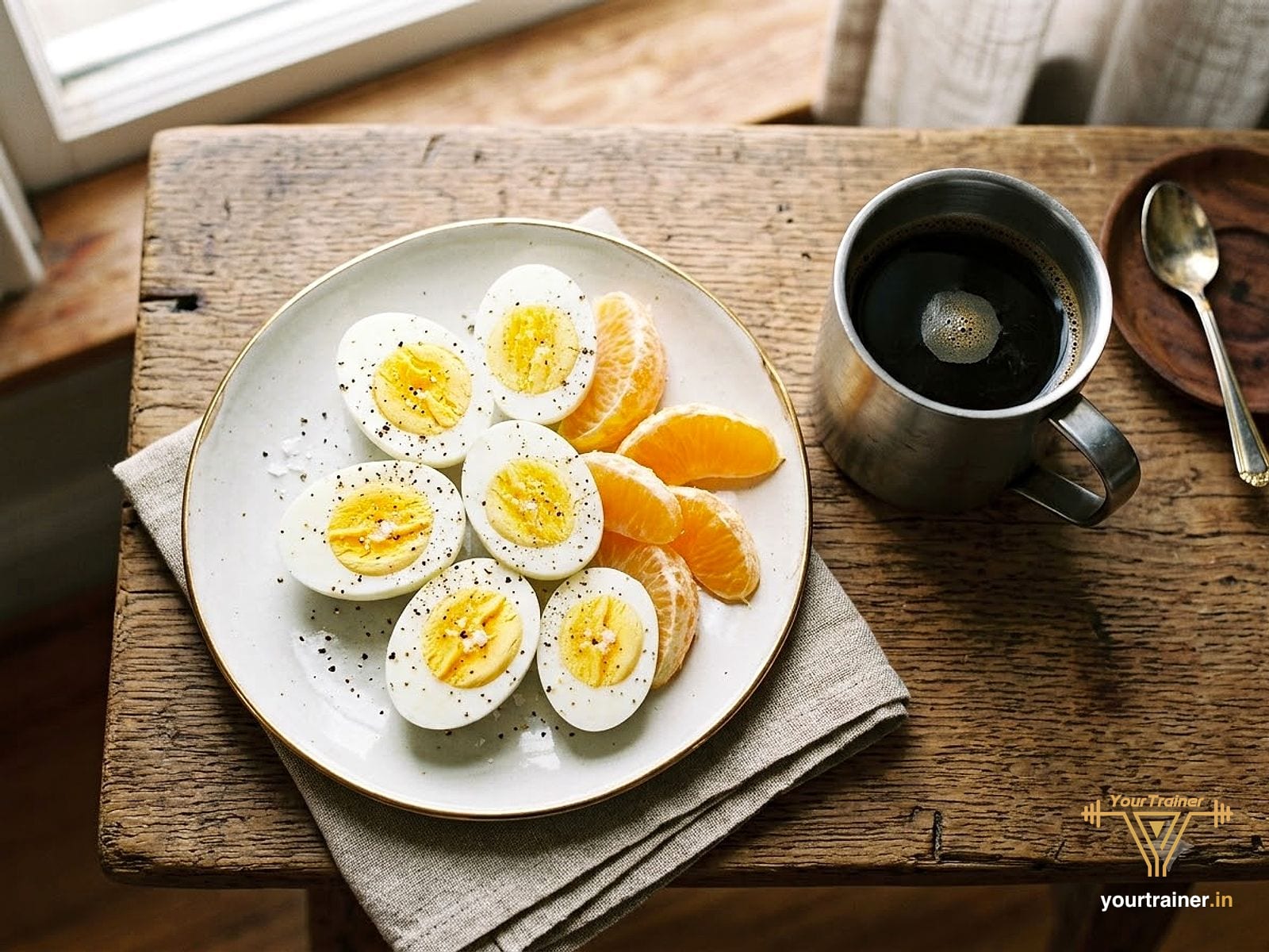 Three halved boiled eggs with black pepper, orange slices and black coffee