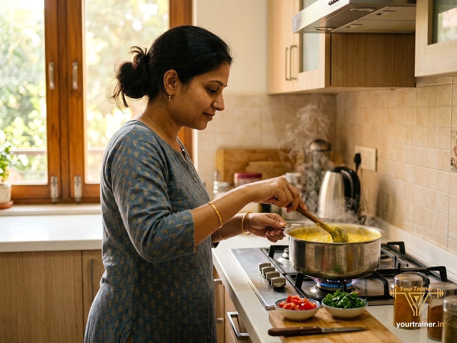 Indian woman stirring a pot of dal in a bright home kitchen