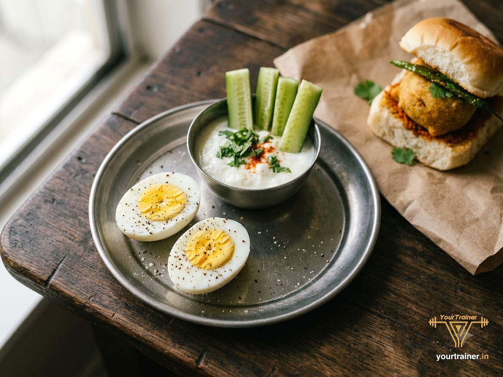 Boiled eggs, hung curd and cucumber sticks on a steel plate beside a vada pav
