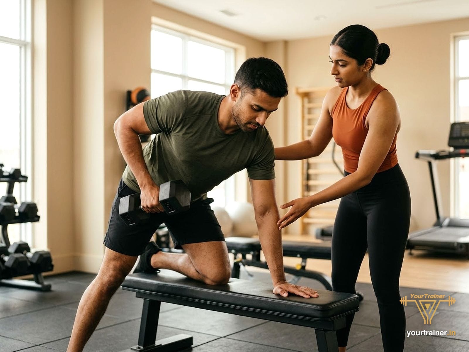 Coach guiding an Indian man's elbow during a dumbbell row in an apartment gym