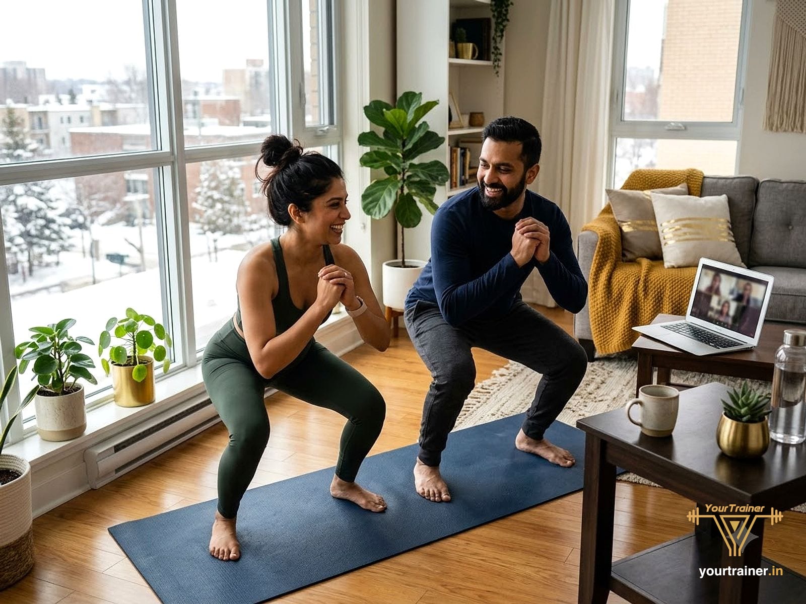 Indian couple doing a bodyweight workout together at home with a video call on a laptop