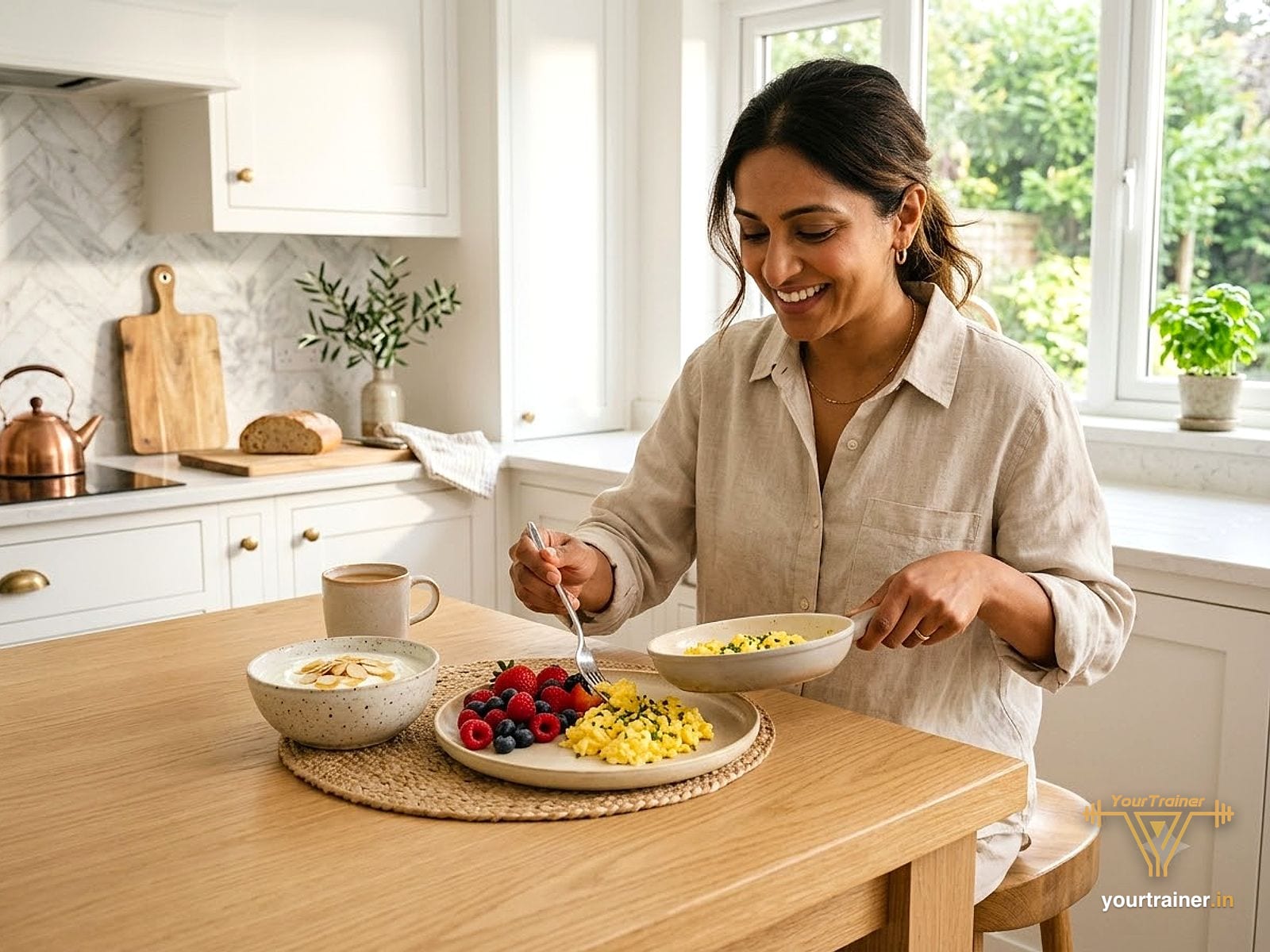 Indian woman preparing a high-protein breakfast of eggs, berries and yogurt in a US kitchen