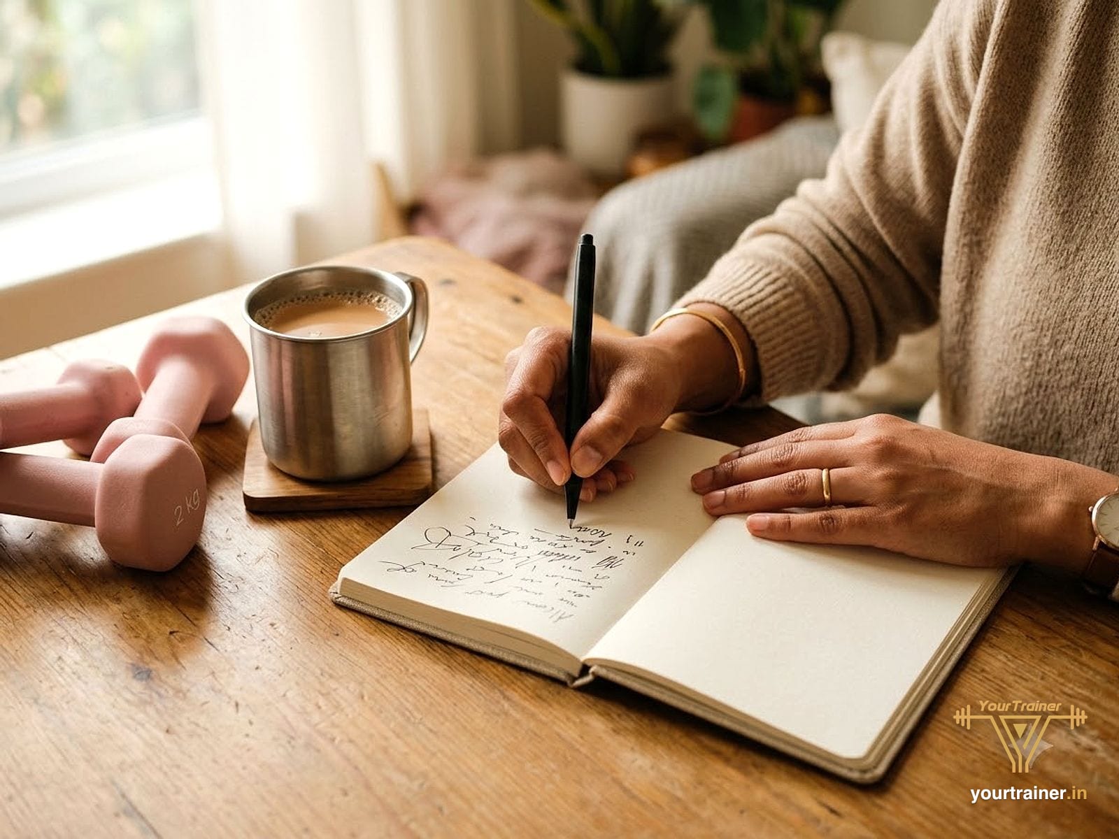 Hands writing in a notebook next to light dumbbells and a cup of chai