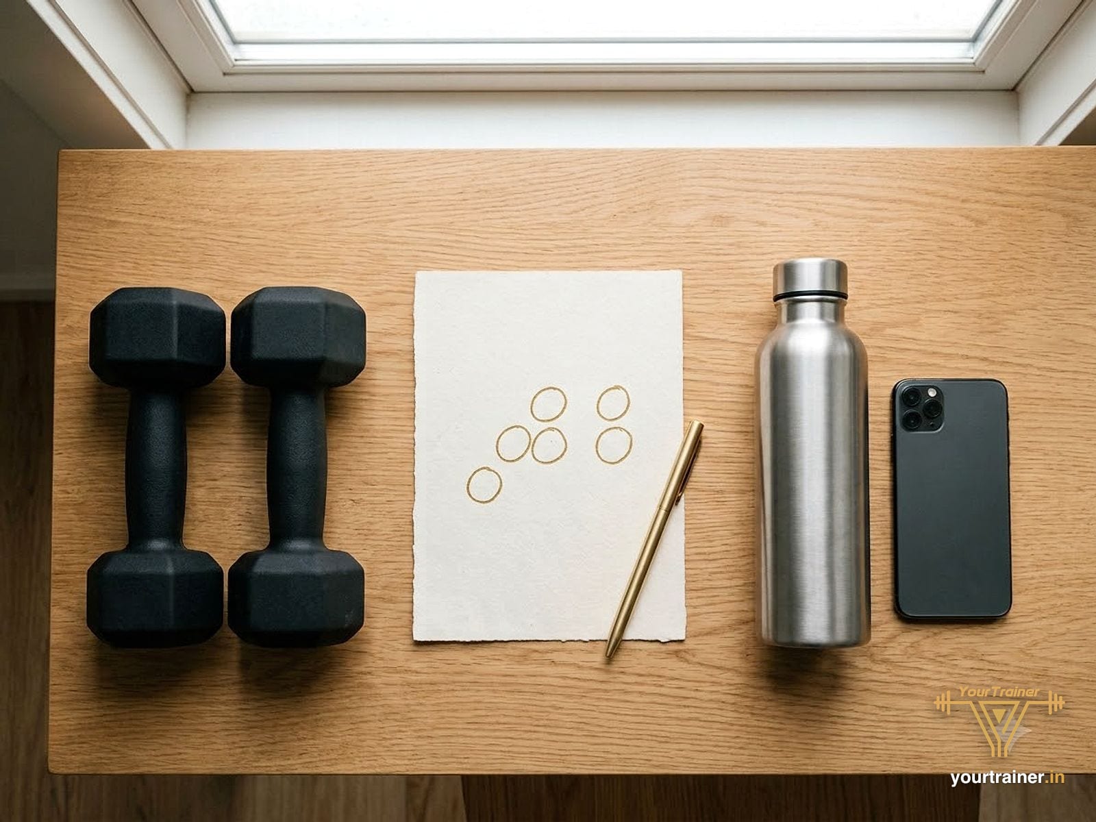 Wall calendar with training days circled next to a pair of dumbbells and a water bottle