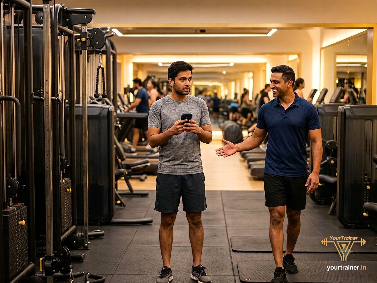 Indian man standing between gym machines as a coach walks over to help