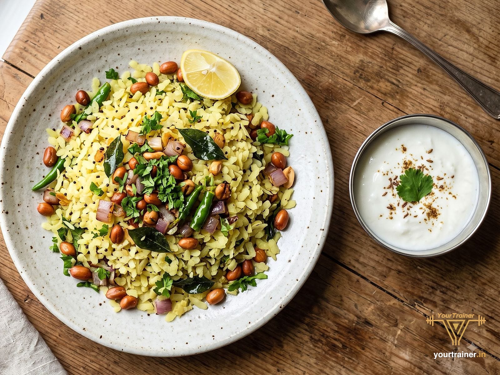 Plate of poha with peanuts, curry leaves, green chilli and onion, with a bowl of curd alongside