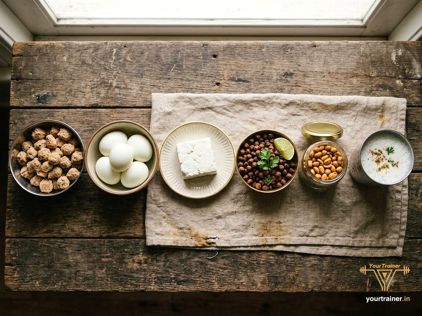 Soya chunks, boiled eggs, paneer, chana, peanuts and buttermilk arranged on a wooden table